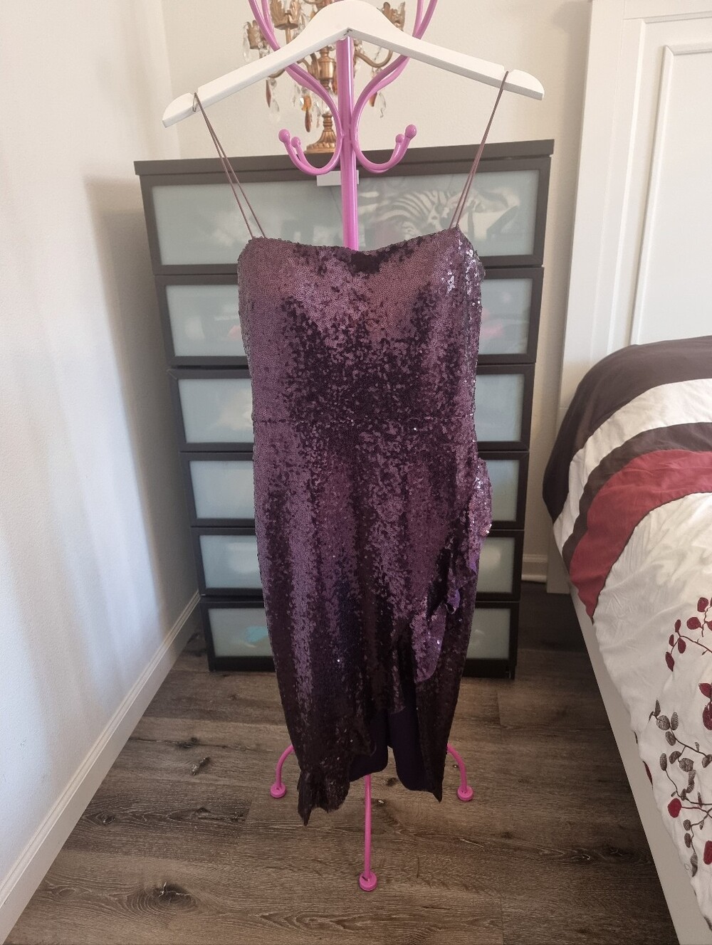 Sequined Spaghetti-Strap Cocktail Dress in Deep Plum